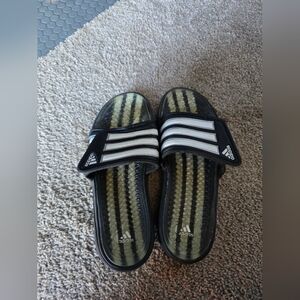 Adidas Black and White Striped Slides